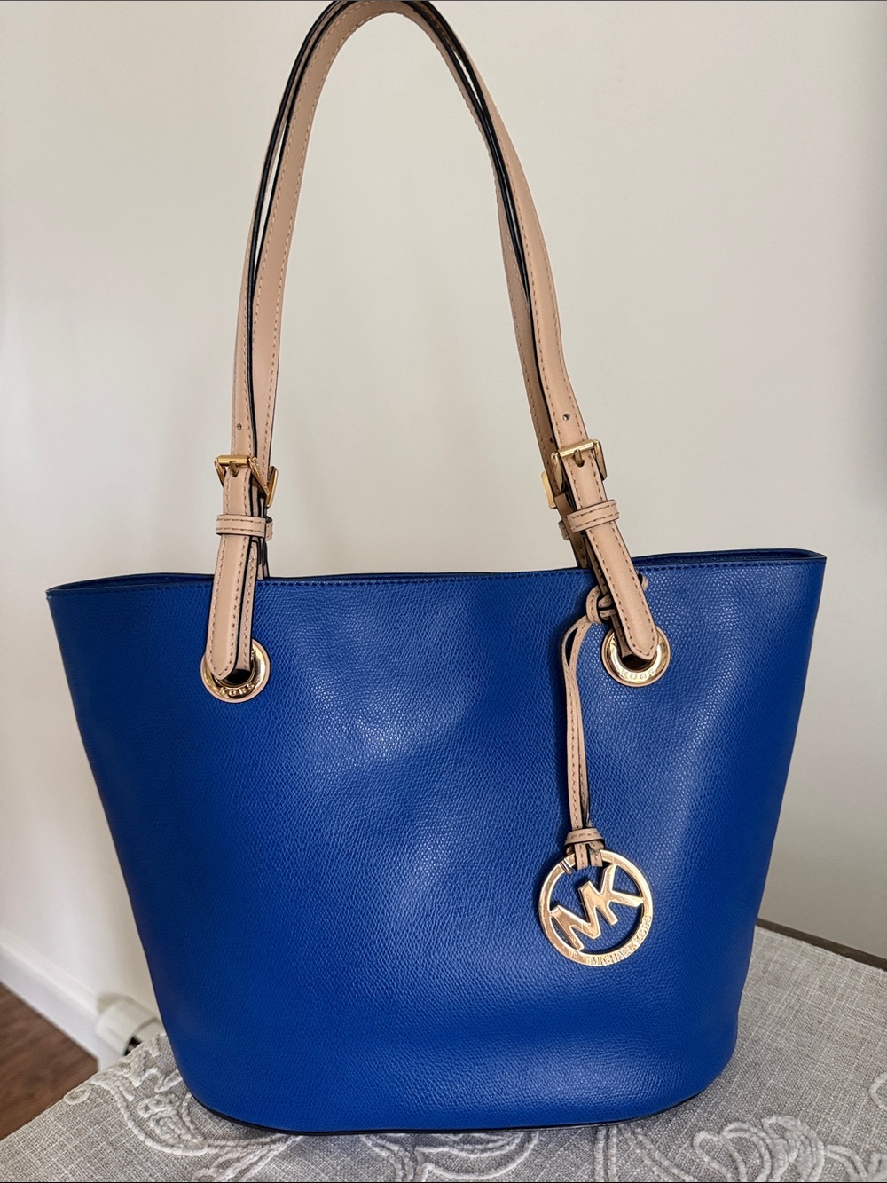 Michael Kors Colbert Blue Saffiano Leather Tote with Nude Tan Leather Straps